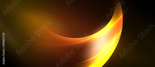 Abstract golden curves dominate dark background. Smooth gradients create luminous effect, suggesting energy, motion, warmth. Elegant design.