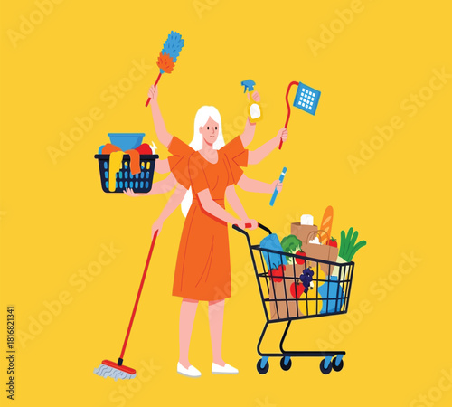 Illustration of a busy woman with multiple arms efficiently manages various household tasks and grocery shopping, symbolizing multitasking and modern life demands