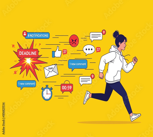 Illustration of a person running from an exploding deadline and a barrage of digital notifications, symbolizing stress, time pressure, and the overwhelming nature of modern life