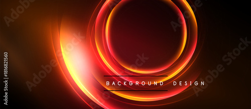 Abstract design features concentric glowing circles. Warm colors dominate, creating dynamic visual effect. Dark background enhances luminosity.