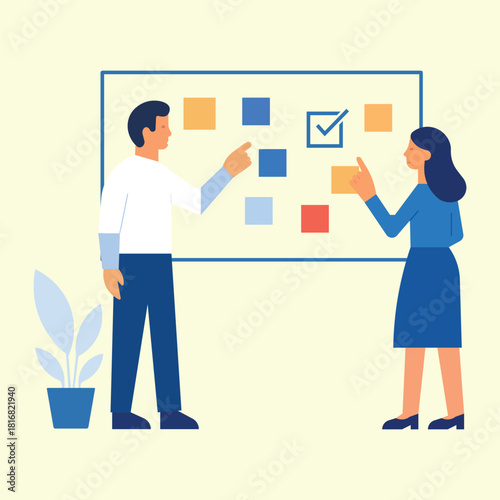 Team Planning on Kanban Board Vector – Project Management, Task Workflow Illustration