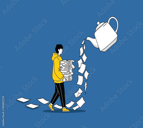 Illustration of a person carries a stack of papers while a teapot pours more documents, illustrating information overload, bureaucracy, and the continuous flow of tasks