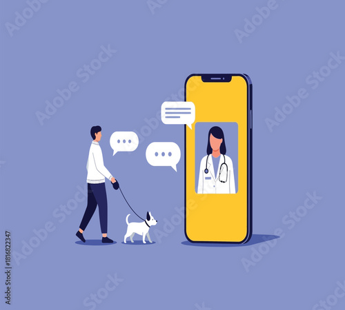 Illustration of a person walks their dog while engaging in an online veterinary consultation via a mobile phone application, illustrating modern pet care and telehealth services for animals