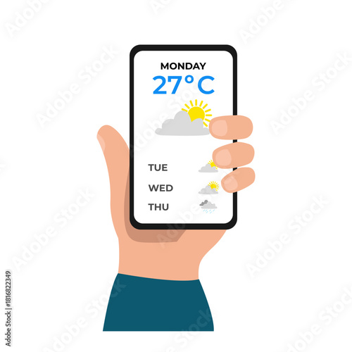 Hand holding smartphone weather phone application icon illustration design vector