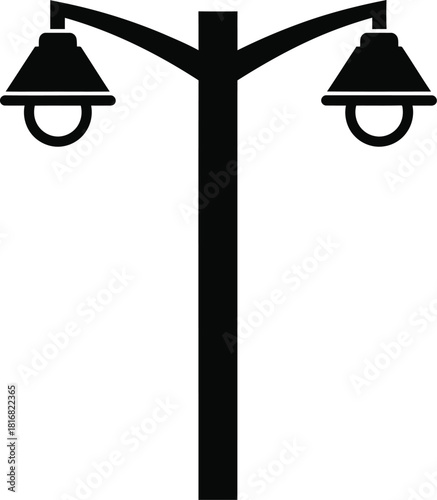 A minimalist black silhouette of a double street lamp post with two downward facing lights on a clean white background representing urban lighting and design