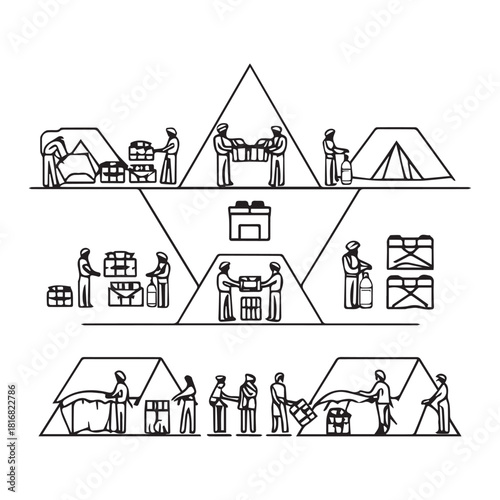 Volunteering and humanitarian aid solid-color illustrations — disaster relief, blood donation, food distribution, medical help, and teamwork concepts