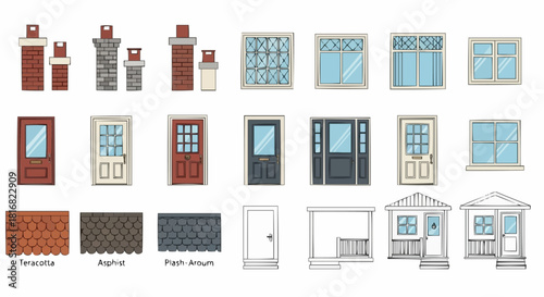 Architectural construction kit with isolated vector elements. A set of house exterior parts like doors, windows, and roof tiles