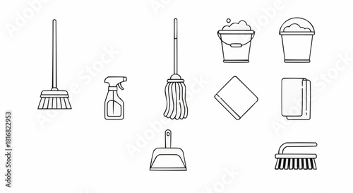 A comprehensive set of outline icons representing various cleaning tools and supplies for household chores, designed in a simple line art vector style