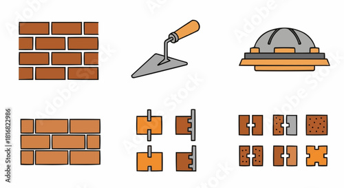 Bricklaying Icons Set Construction Tools and Materials for Building Projects