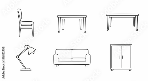Minimalist furniture line art icon set for interior design projects. Vector illustrations of a chair, table, sofa, lamp, and cabinet for home decor