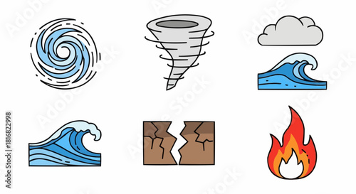 A collection of colorful line art icons representing various natural disasters and extreme weather events, including hurricanes, tornadoes, earthquakes, and tsunamis
