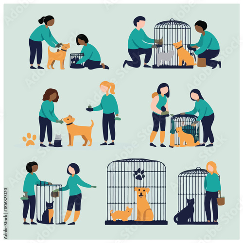 Volunteering and humanitarian aid solid-color illustrations — disaster relief, blood donation, food distribution, medical help, and teamwork concepts