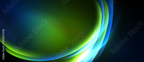 Abstract flowing shapes, vibrant blues, greens, whites create dynamic visual effect. Smooth curves suggest movement, energy. Dark background emphasizes luminosity.