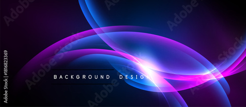 Abstract background features flowing curves, vibrant purple, blue hues. Modern design evokes energy, movement, sleekness.