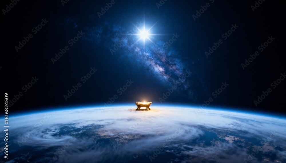 Fototapeta premium Christmas nativity scene with a glowing manger resting on Earth in space. Star of Bethlehem shining brightly over the planet. Religious background concept of the Savior of the World