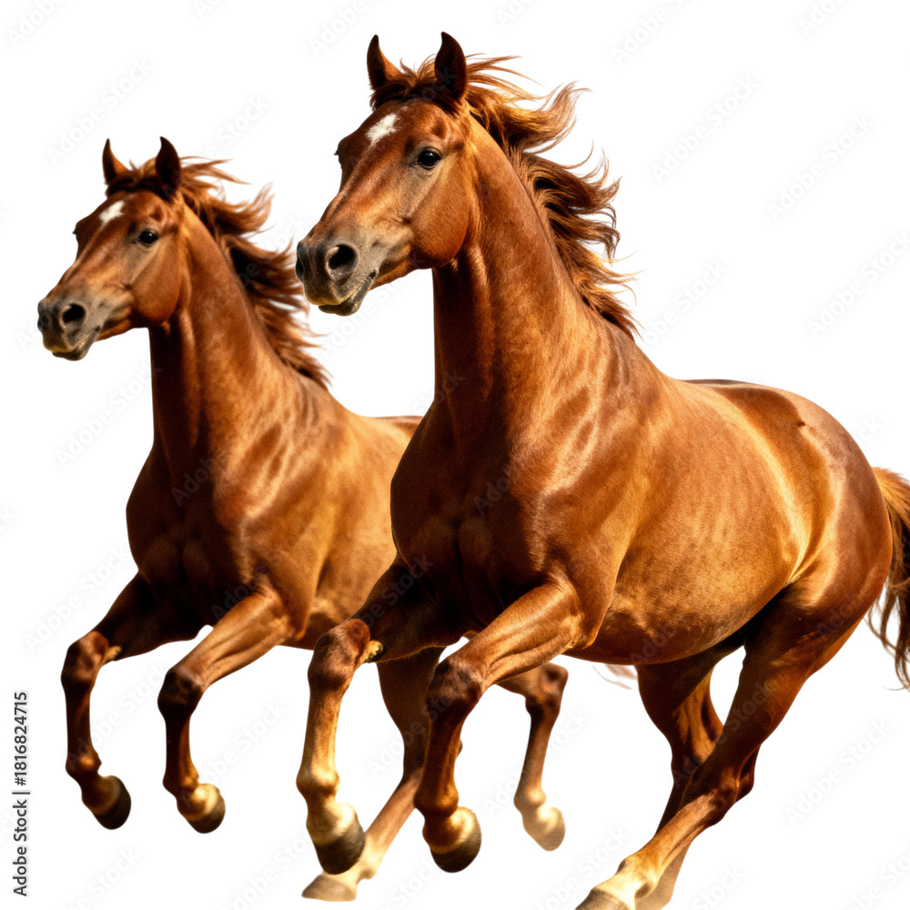 Naklejka premium Two chestnut horses running together isolated on transparent background