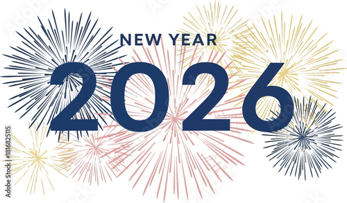 New Year 2026 text with abstract colorful fireworks and confetti on Christmas white celebration festive