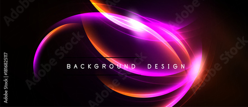 Abstract vibrant light streaks form elliptical shapes over black background. Text reads background design. Modern, dynamic visual element.