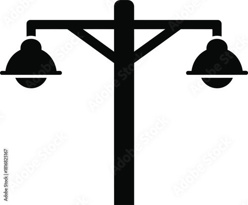 A simple black silhouette of a double headed street lamp or lamppost with a central pole and two horizontal arms supporting the lights on a clean white background