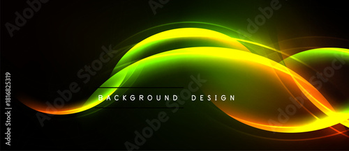 Bright neon waves flow across dark backdrop. Vibrant yellow, orange hues create dynamic visual effect. Modern design element.