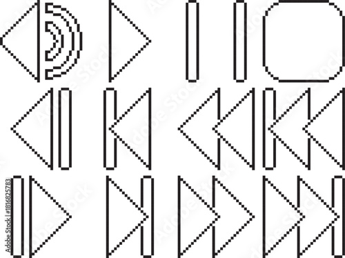 Rewind fast reverse back play stop pause volume forward fast forward next button icon line black-white vector pixel art icon