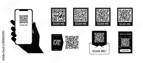 Scan me. QR code scan icon with smartphone, scan me barcode sign.