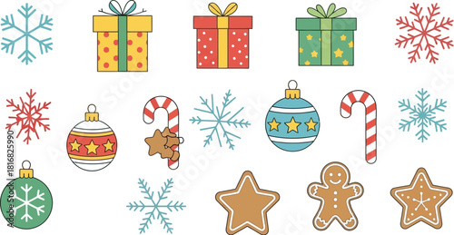 Assortment of Christmas Icons Including Snowflakes Gifts and Gingerbread Cookies bauble blue