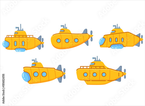  Cartoon underwater submarine with periscope.Yellow submarine.Vector flat illustration.Isolated on white background.