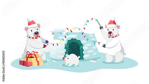 Cartoon polar bear cubs building a giant snow fort decorated with candy canes, bows, and glowing Christmas lights