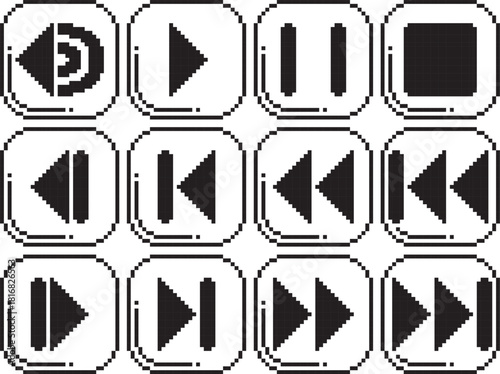 Rewind fast reverse back play stop pause volume forward fast forward next button icon black bold detail and black bighlight bottom left black-white vector pixel art icon