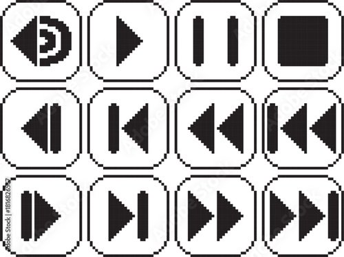 Rewind fast reverse back play stop pause volume forward fast forward next button icon black bold detail black-white vector pixel art icon