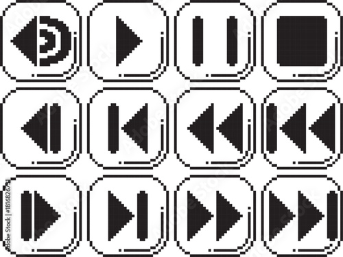 Rewind fast reverse back play stop pause volume forward fast forward next button icon black bold detail and black bighlight bottom right black-white vector pixel art icon