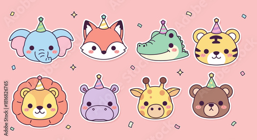 Cute Kawaii Animal Faces Wearing Party Hats, Perfect for Birthday Decorations and Children's Designs