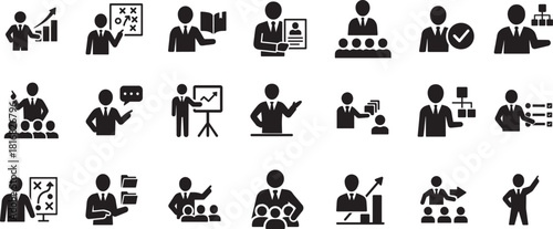   Manager icon set showing leadership, workflow, and business management symbols in bold vector style.