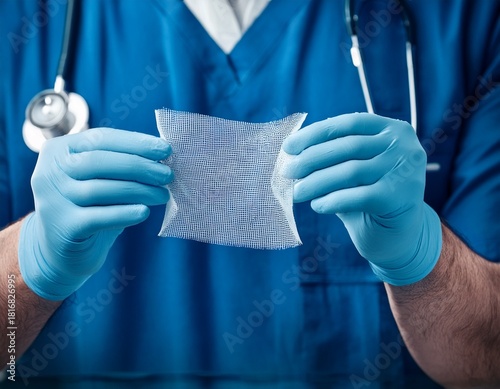 Surgical Mesh Implant Held by Doctor in Blue Scrubs and Gloves, Ready for Hernia Repair or Other Surgical Procedure