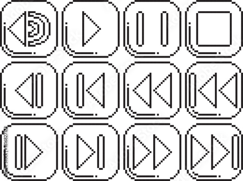 Rewind fast reverse back play stop pause volume forward fast forward next button icon thin line black and black highlight bottom left black-white vector pixel art icon