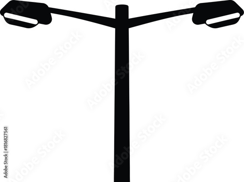 A simple black silhouette of a tall street lamp post with two lights on a white background representing urban lighting and infrastructure