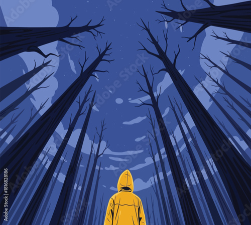 Illustration of a person in a yellow hoodie looks up at the starry night sky, framed by tall, dark trees in a forest, conveying a sense of wonder and contemplation