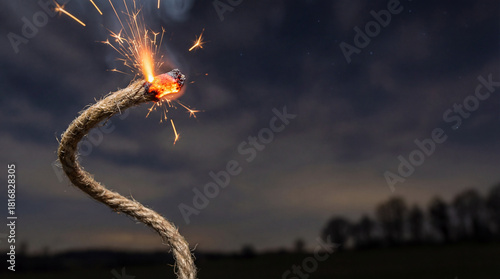 Burning Dynamite Fuse Sparking Against Dark Night Sky