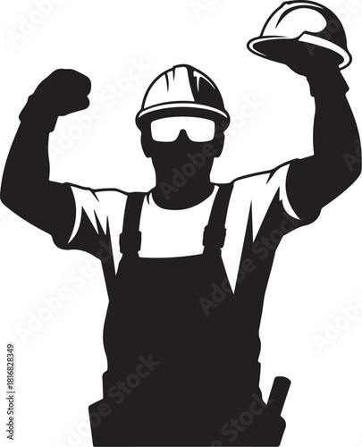 Triumph construction worker raises hard hat boldly