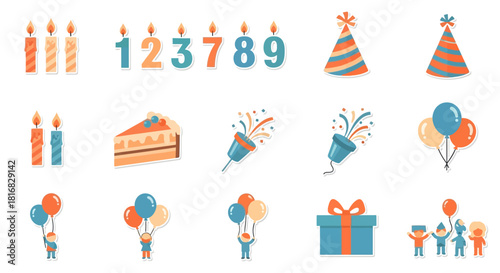 Collection of birthday celebration icons including candles, cakes, party hats, confetti poppers, balloons, and gift boxes, perfect for event invitations and decorations