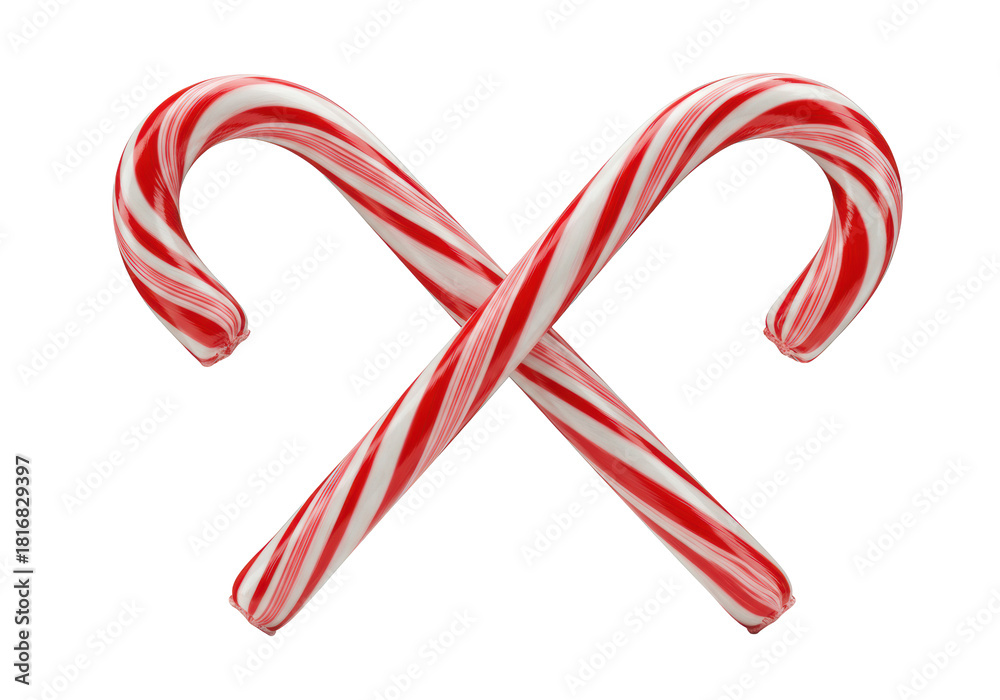 Fototapeta premium Two shiny, red and white striped candy canes with J-hook curves, perfectly crossed in an X-shape on a transparent background with negative space, minimalist holiday elegance concept