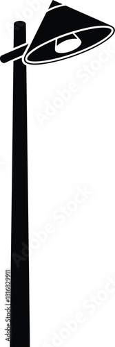 A minimalist black silhouette of a single outdoor lamp post with a cone shaped shade and visible bulb isolated on a clean white background representing modern lighting design and simple illumination