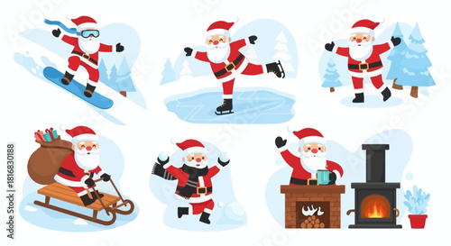 Collection of Festive Santa Claus Engaged in Various Winter Activities and Holiday Scenes