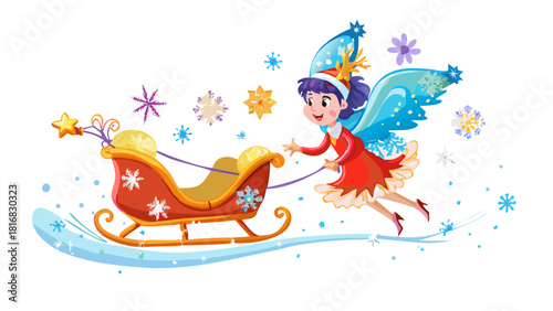 Cartoon snow fairy riding a sleigh pulled by magical sparkling snowflakes through the starry Christmas sky