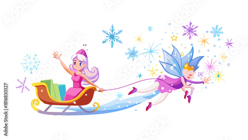 Cartoon snow fairy riding a sleigh pulled by magical sparkling snowflakes through the starry Christmas sky