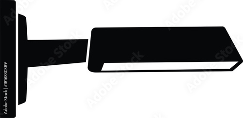 Modern minimalist black silhouette of a wall mounted light fixture with a rectangular shade casting a bright light on a white background
