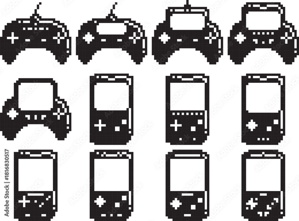 Naklejka premium Joystick videogame controller icon highliht top right black-white vector pixel art icon 