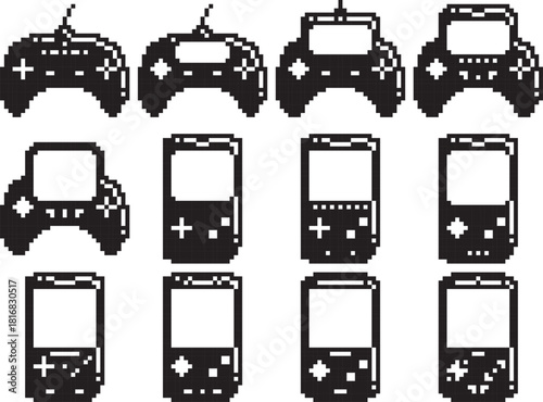 Joystick videogame controller icon highliht top right black-white vector pixel art icon	