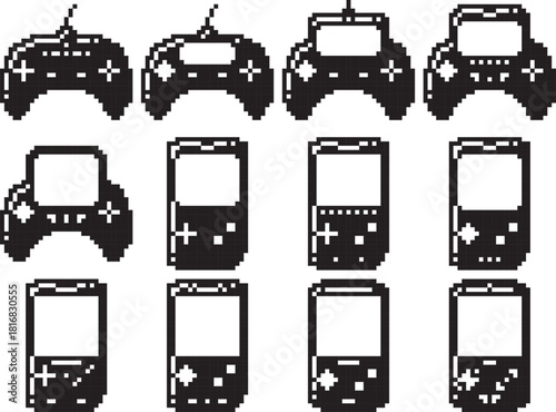 Joystick videogame controller icon highliht top left black-white vector pixel art icon	